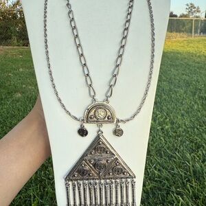Silver-Tone Bohemian Statement Necklace with Geometric Pendant